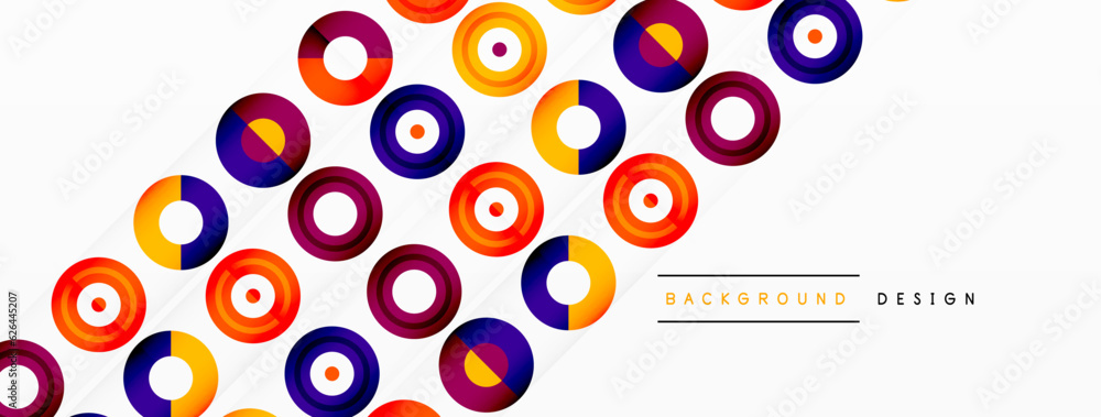 Poster Abstract background with circle symmetric grid composition. Circle pattern creating sense of movement. Grid adds structure and balance to the composition, with equal spacing between each circle