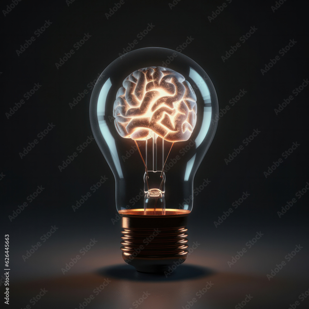 Poster a glowing brain inside a light bulb represents the power of the mind and cognition is ai generative.