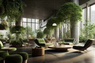 Fototapeta premium Urban green sanctuary where houseplants create a soothing contrast with the surrounding buildings. A biophilic interior promoting wellness and relaxation. Generative AI