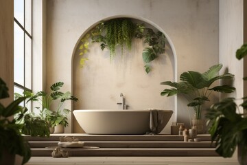 A serene bathroom filled with verdant houseplants, enhancing relaxation. Organic forms and muted tones of light green and beige create a biophilic sanctuary. Generative AI