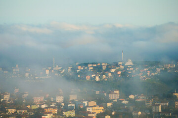 Rare early morning winter fog above the Istanbul city skyline a