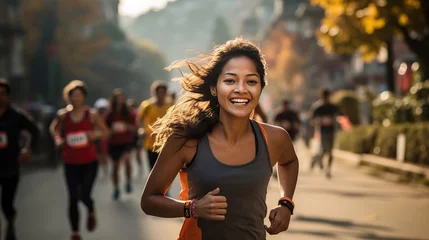 Tuinposter healthy woman with beautiful smile. trail running, marathon, triathlon running, outdoor nature. generative ai © banthita166