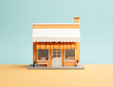 miniature model corner store isolated on blue and yellow studio background, made with generative ai
