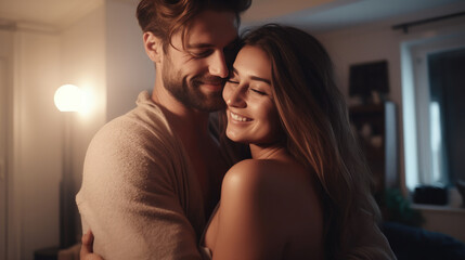 Happy adult couple hug with love and tenderness in indoor bedroom leisure activity. Couple enjoy travel in hotel room. Man and woman smiling and enjoying time together at home. Good relationship time