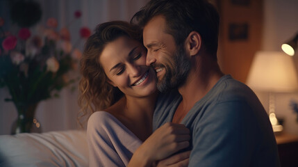 Fototapeta premium Happy adult couple hug with love and tenderness in indoor bedroom leisure activity. Couple enjoy travel in hotel room. Man and woman smiling and enjoying time together at home. Good relationship time