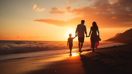 Happy family holidays. Joyful father, mother, baby son walk with fun along edge of sunset sea surf on black sand beach. Active parents and people outdoor activity on summer vacations with children.