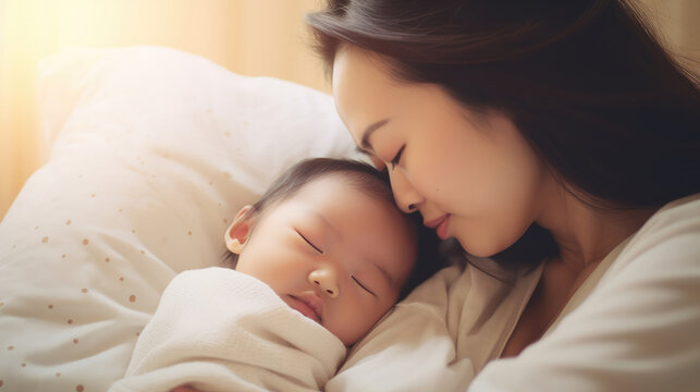 Close up portrait of beautiful young asian caucasian mother day girl kissing healthy newborn baby sleep in bed with copy space. Healthcare and medical love asia woman lifestyle mother's day concept