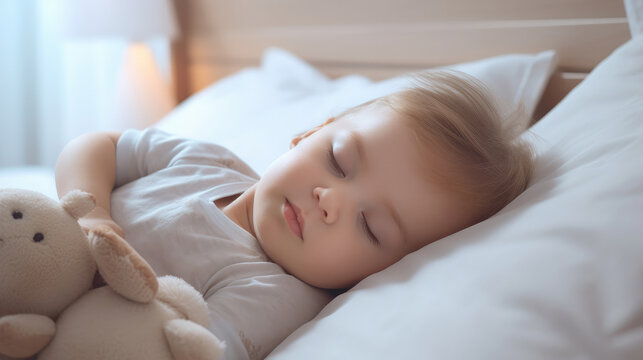 Cute Little Baby Sleeping Lying On Side In Bed In Bedroom At Home, With Eyes Closed. Peaceful Toddler Child Napping Resting During Daytime Sleep Indoors. Side-View Shot