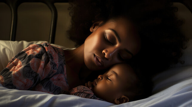 Black Mom Playing In Bed With Her Infant, Kissing Baby