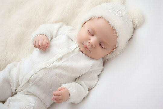 Sleeping newborn baby in a bodysuit on white blanket background. Beautiful portrait of little child girl 14 days, two week old.
