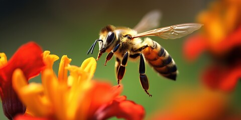 Honey bees land and eat the pollen of the flowers. on purple thistle On a blurry green background in sunlight