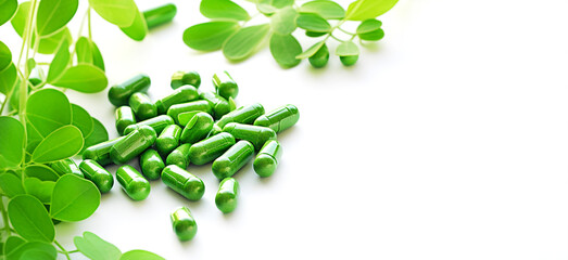 Medicinal capsules from moringa on white background. Dietary supplement, detox. Generative AI content