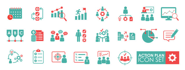 Action plan icon set. Vector illustration Containing planning, analysis, tasks, goal, schedule, strategy, collaboration and objective icons. Solid icon simple style.