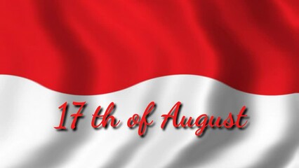Happy 17 August greeting animation, against a background of waving Indonesian flag, firework splash, scattered jasmine flowers characteristic of the country, Happy Indonesian Independence Day concept.