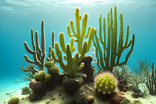 Desert Cactus in a Clear Sea. Generative AI