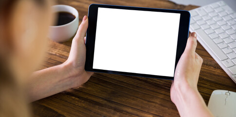 Digital png photo of hands of caucasian woman using tablet on transparent background