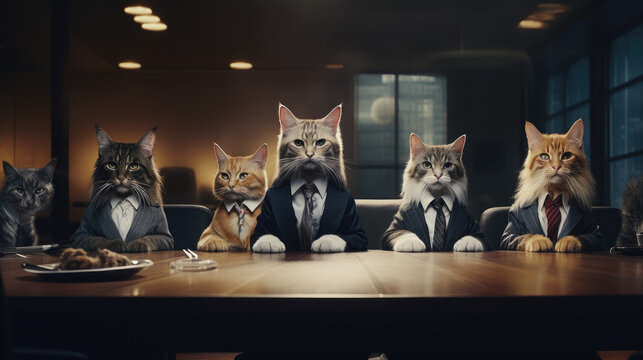 A business meeting setting featuring cats in formal clothes, depicting a serious discussion. Generative AI