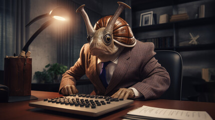 A snail in a suit working on a business project timeline. Generative AI
