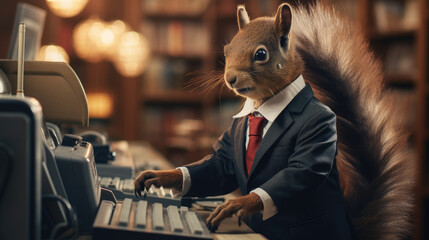 A squirrel in a business suit efficiently operating a cash register in a store. Generative AI - obrazy, fototapety, plakaty