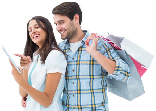 Digital png photo of caucasian couple with shopping bags using tablet on transparent background