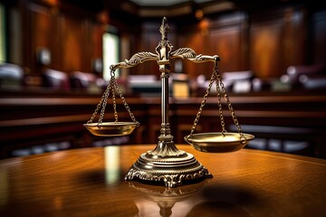 Scales of Justice on the wooden table in Court Hall. Law concept of Judiciary, Jurisprudence and Justice and business financial protection by law. Generative Ai