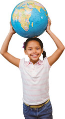 Digital png photo of biracial shoolgirl with globe on transparent background