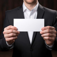 A man in a suit holding a white card