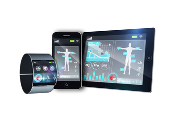 Digital png illustration of smartwatch, smartphone and tablet on transparent background