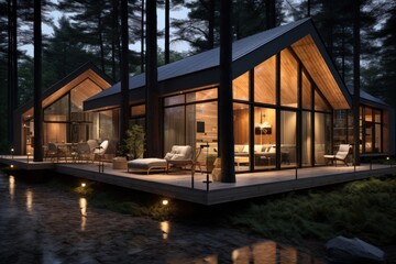 Fototapeta na wymiar Modern luxury villa exterior in minimal style for luxury glamping. Glass cottage in the woods at night.