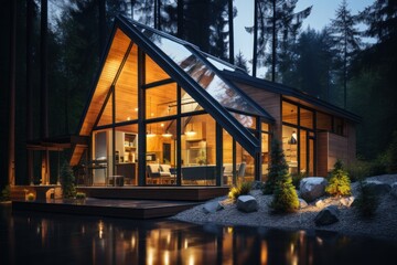 Fototapeta premium Modern luxury villa exterior in minimal style for luxury glamping. Glass cottage in the woods at night.