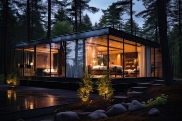 Fototapeta na wymiar Modern luxury villa exterior in minimal style for luxury glamping. Glass cottage in the woods at night.