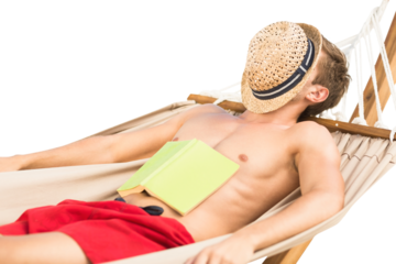 Digital png photo of caucasian man in hammock covering his face with hat on transparent background