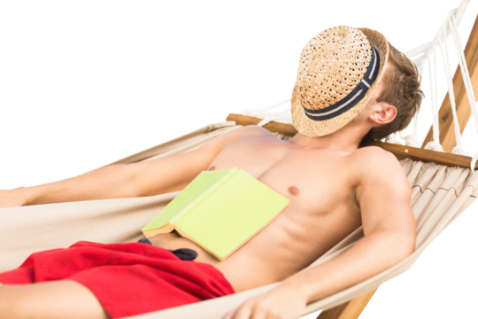 Digital png photo of caucasian man in hammock covering his face with hat on transparent background