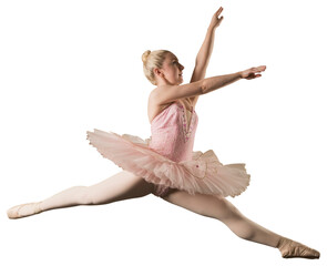 Digital png photo of happy caucasian female ballet dancer in tutu jumping on transparent background
