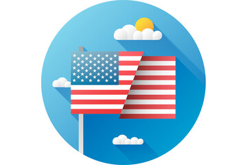 Digital png illustration of american flag, sun and clouds in blue circle on transparent background