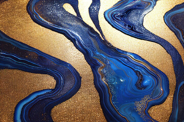 Blue and golden acrylic liquid ink swirl abstract background with ravishing turbulence wavy pattern and detailed texture. Luxury fluid liquid art by Generative AI.