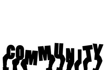 Digital png silhouette of hands holding community text letters on transparent background