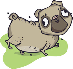 Digital png illustration of happy pug dog on grass on transparent background