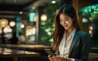 Fototapeta premium Happy smiling female worker using her phone in office. AI Generated Image