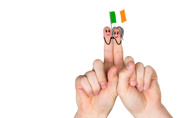 Digital png of caucasian hands with faces on fingers and flag of italy on transparent background