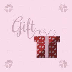 Digital png illustration of gift text with hearts and gift box on transparent background