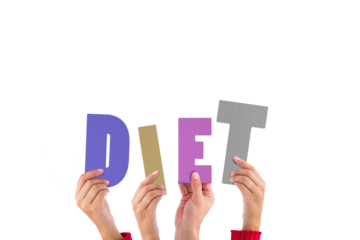 Digital png illustration of hands holding diet text letters on transparent background