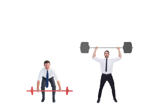 Digital png photo of two caucasian businessmen weightlifting on transparent background - Powered by Adobe