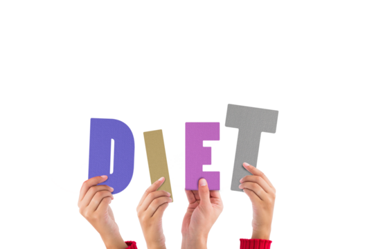 Digital png illustration of hands holding diet text letters on transparent background