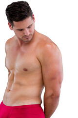 Fototapeta premium Digital png illustration of caucasian man flexing muscles on transparent background