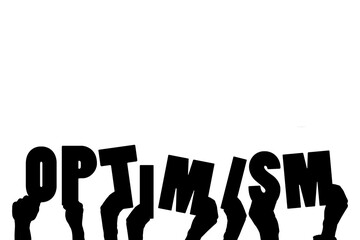 Digital png illustration of hands with optimism text on transparent background