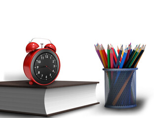 Digital png illustration of book with alarm clock and coloured pencils on transparent background