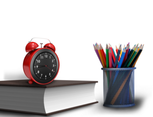 Digital png illustration of book with alarm clock and coloured pencils on transparent background