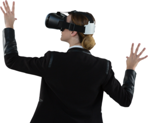 Digital png photo of caucasian businesswoman using vr headset on transparent background