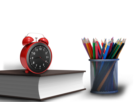 Digital png illustration of book with alarm clock and coloured pencils on transparent background